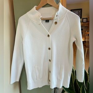 Eddie Bauer Women’s Ivory White Mock Neck Ribbed Cardigan Sweater Petite Large